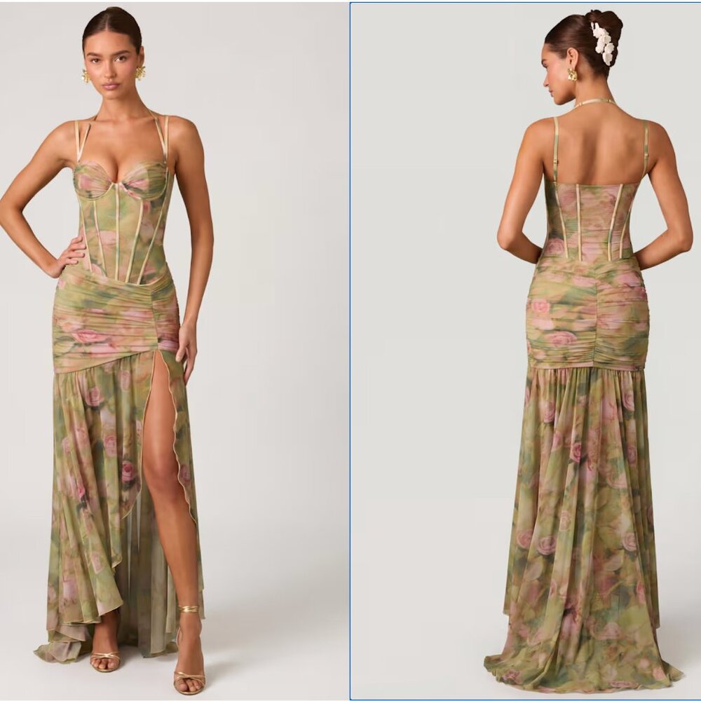 Oh Polly Haruna Ruched Asymmetric Corset Gown in Floral Multi Print - Size 6